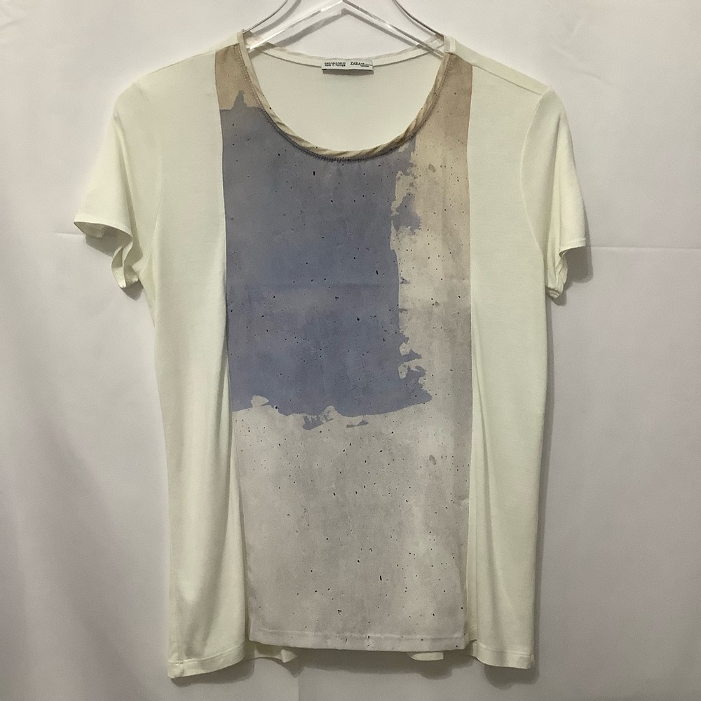 Zara White T-Shirt with panting detail at front size S (W531)
